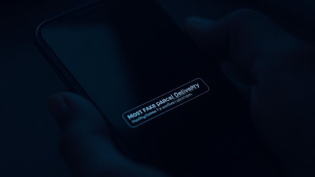 Smartphone mit einer verdächtigen Paket-Benachrichtigung im Dunkeln